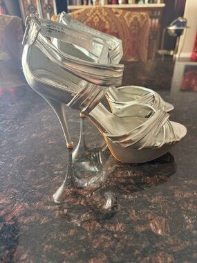 Silver High Heel Platform Sandals - Elegant Strappy Evening Shoes